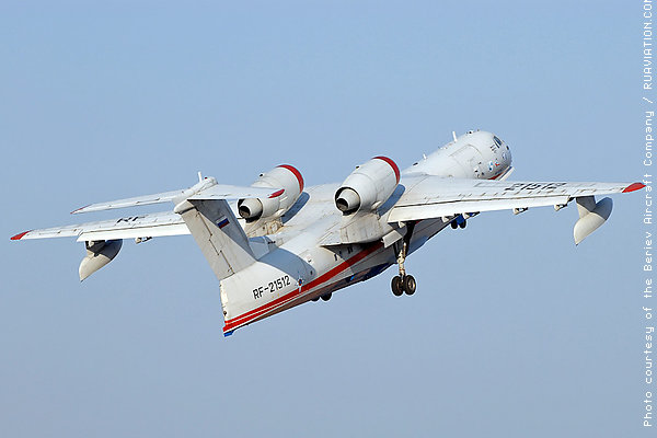Be-200ES multirole amphibious aircraft in flight. International Exhibition 